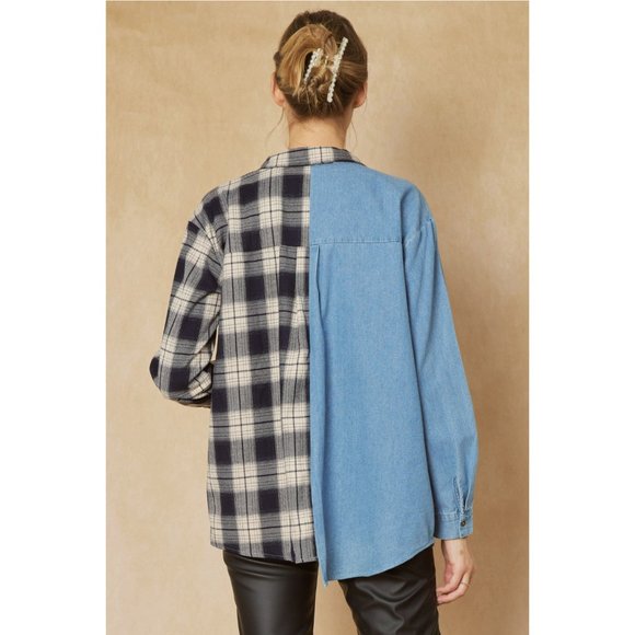 Entro Denim & Plaid Long Sleeve Top - Picture 5 of 9